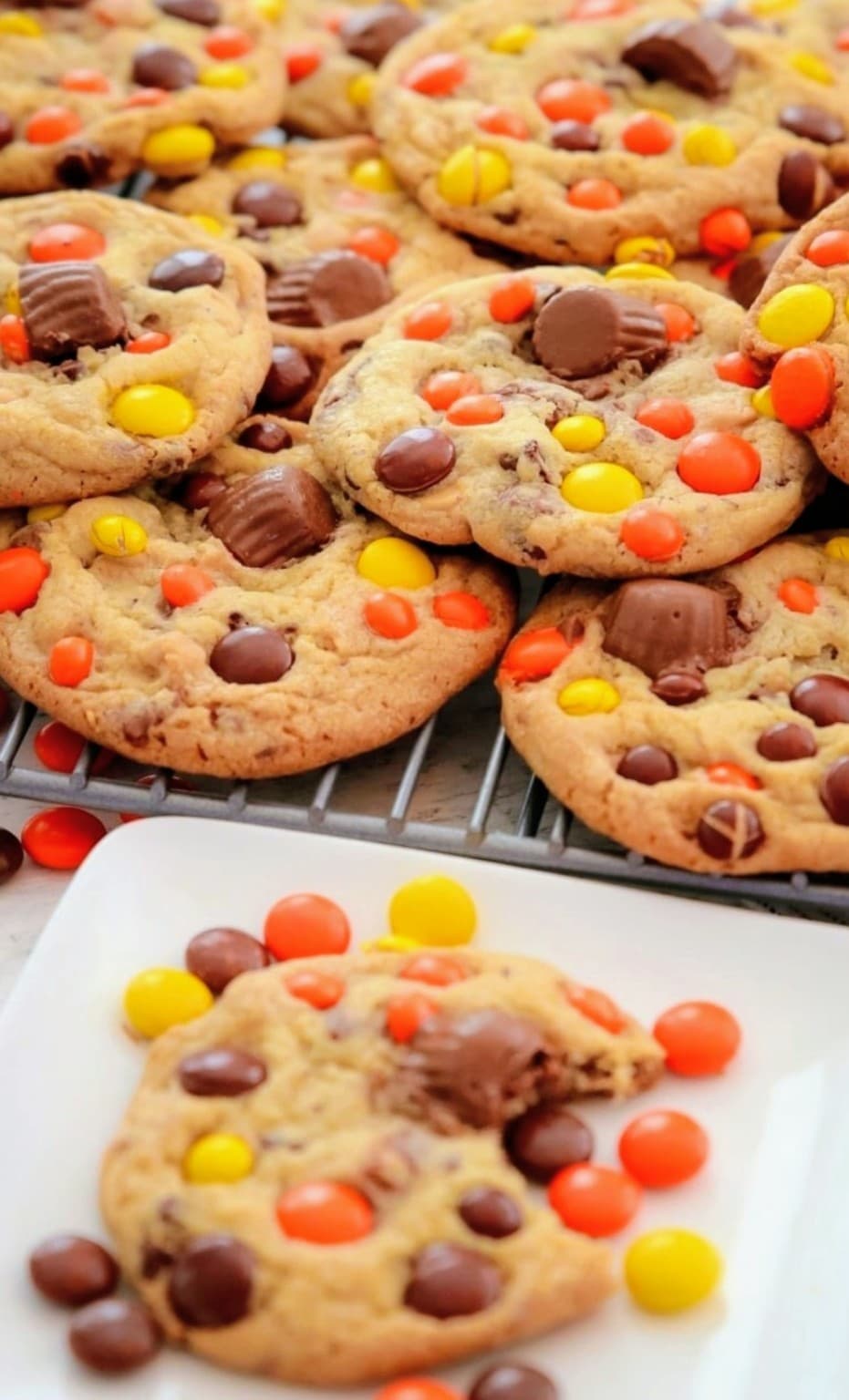 Close-up of loaded Reese's Pieces cookies