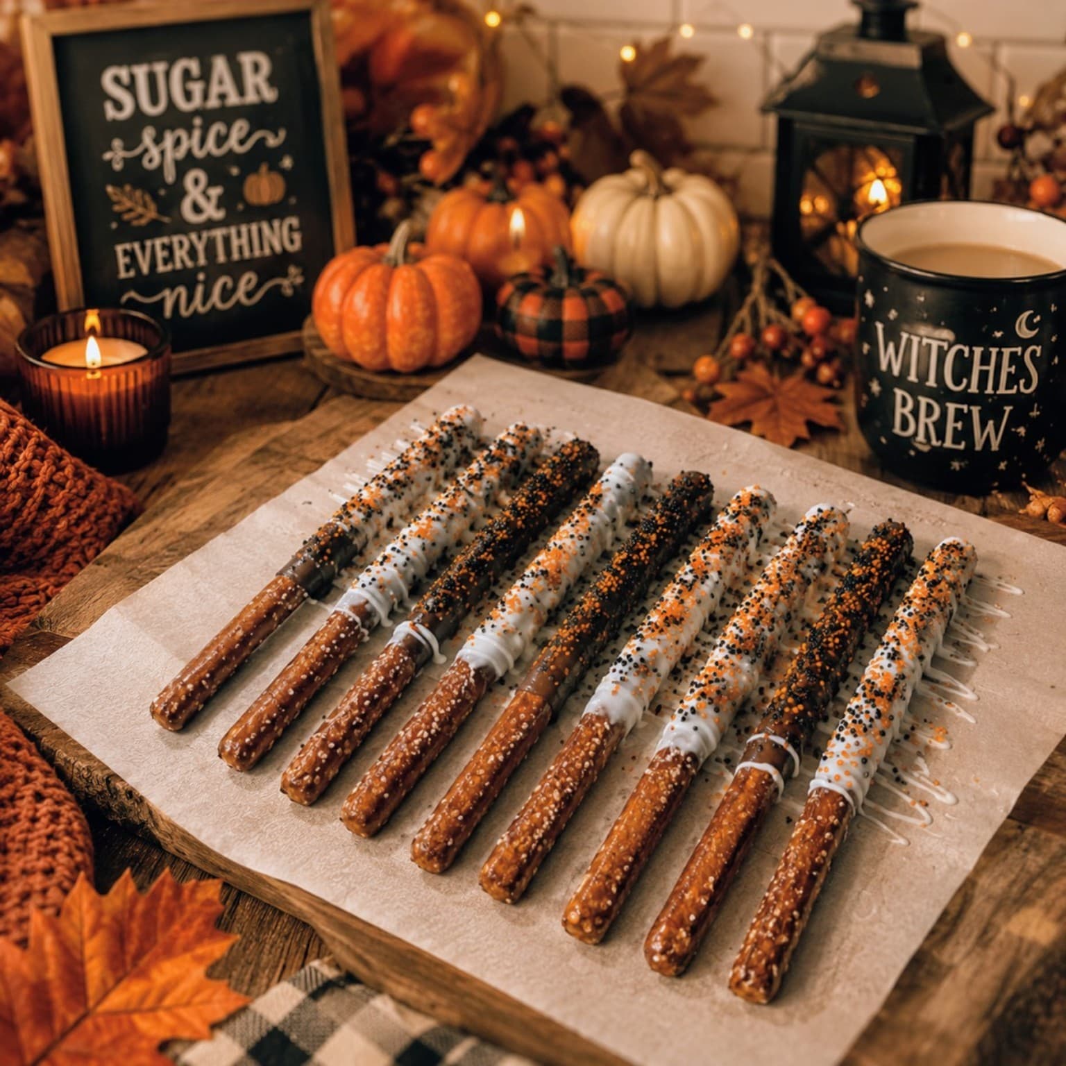 Halloween-themed dipped pretzel sticks made by Sugar Spell