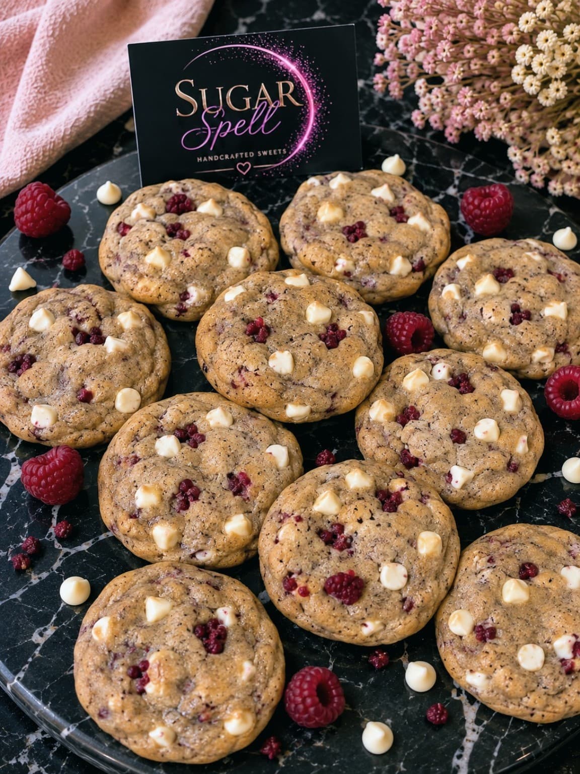 Sugar Spell white chocolate raspberry cookies arranged with the brand card